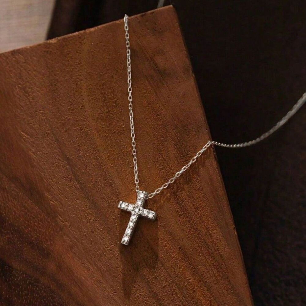 Silver Cross Pendant Necklace Rhinestone Crystal Religous Spiritual Adjustable